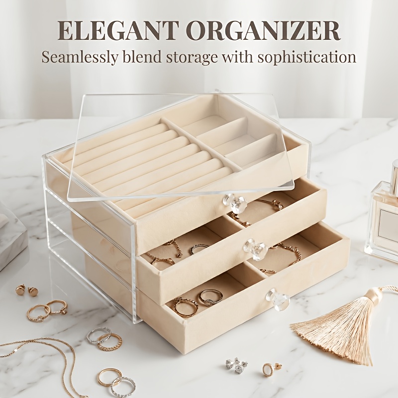 JPEK 3-Layer Velvet Jewelry Storage Box for Rings and Necklaces